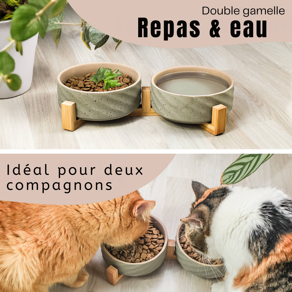 Taça dupla em cerâmica sobre suporte em bambu