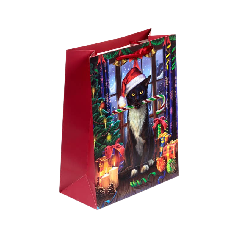 Bolsa de regalo de Navidad grande con motivo de gato y etiqueta