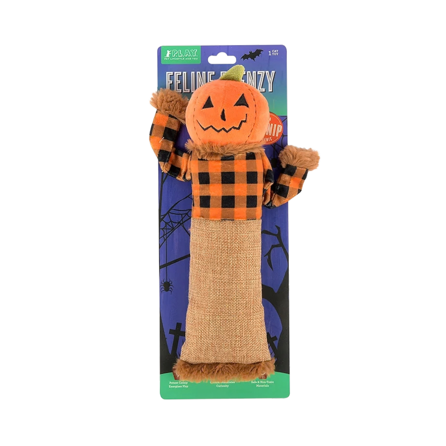 Brinquedo de Halloween em forma de espantalho com erva-dos-gatos para gatos