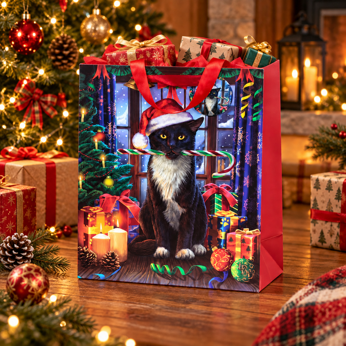 Große Weihnachtstasche mit Katzenmotiv und Anhänger