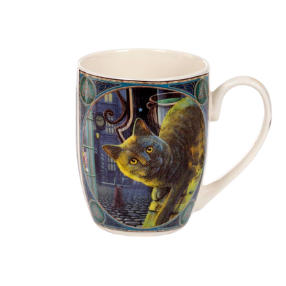 Caneca de porcelana gato e caldeirão enferrujado