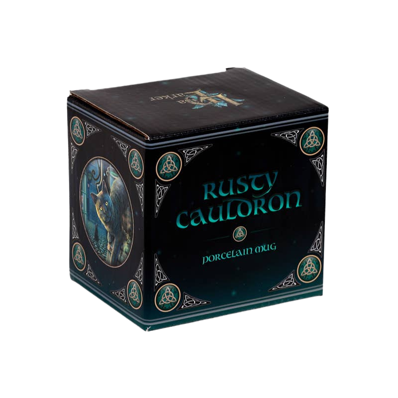 Caneca de porcelana gato e caldeirão enferrujado