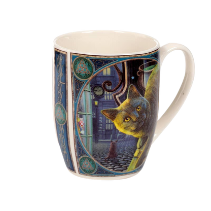 Caneca de porcelana gato e caldeirão enferrujado