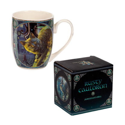 Caneca de porcelana gato e caldeirão enferrujado