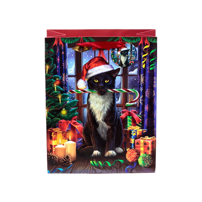 Bolsa de regalo de Navidad grande con motivo de gato y etiqueta