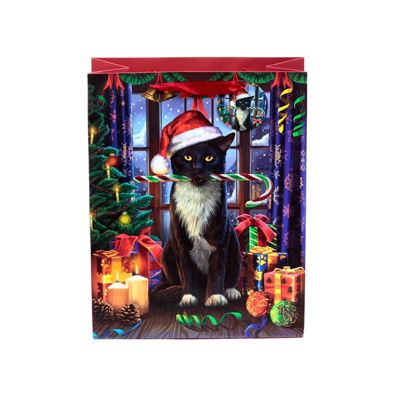 Bolsa de regalo de Navidad grande con motivo de gato y etiqueta