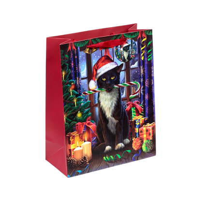 Bolsa de regalo de Navidad grande con motivo de gato y etiqueta