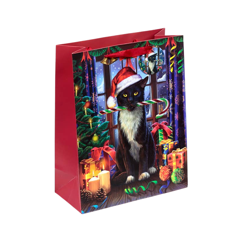Bolsa de regalo de Navidad grande con motivo de gato y etiqueta