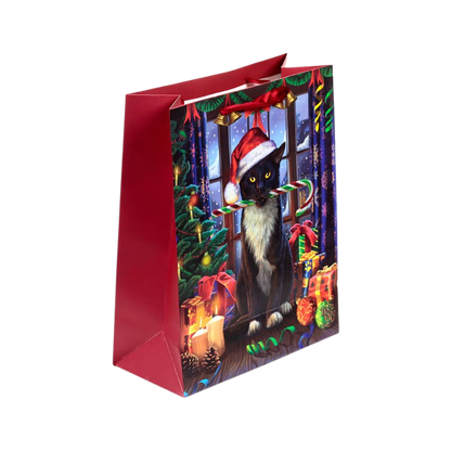 Bolsa de regalo de Navidad grande con motivo de gato y etiqueta