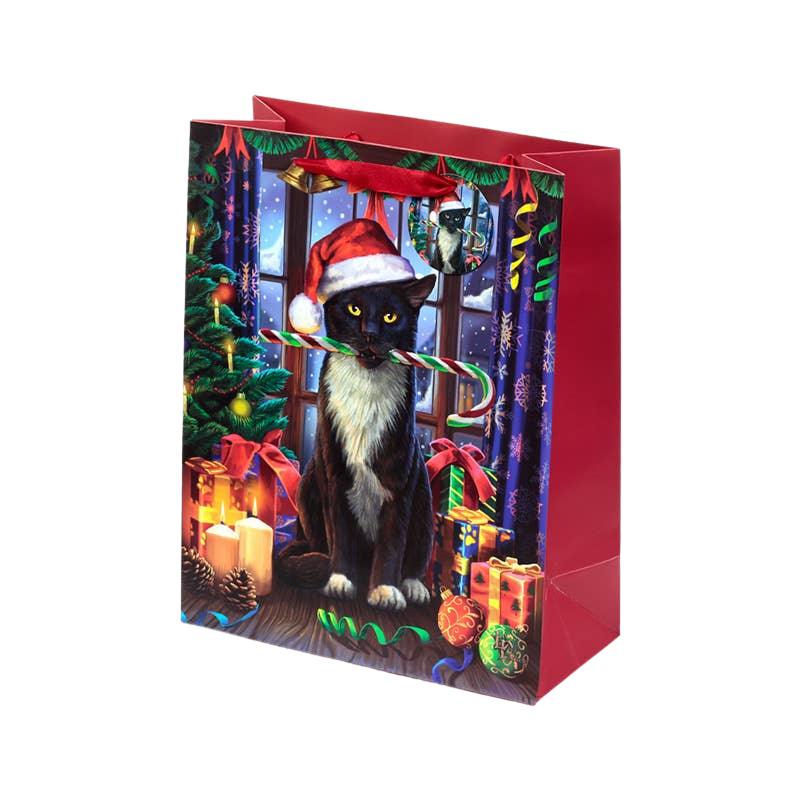 Bolsa de regalo de Navidad grande con motivo de gato y etiqueta