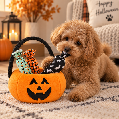 Cestino a zucca di Halloween con 3 giochi per cani