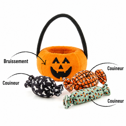 Cestino a zucca di Halloween con 3 giochi per cani